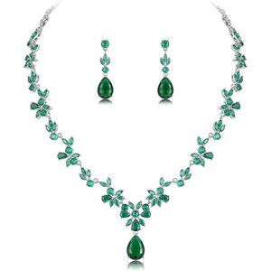 🆕Women Green Jewelry Set Necklace Dangle Earrings Bracelet Set Cubic Jewelry